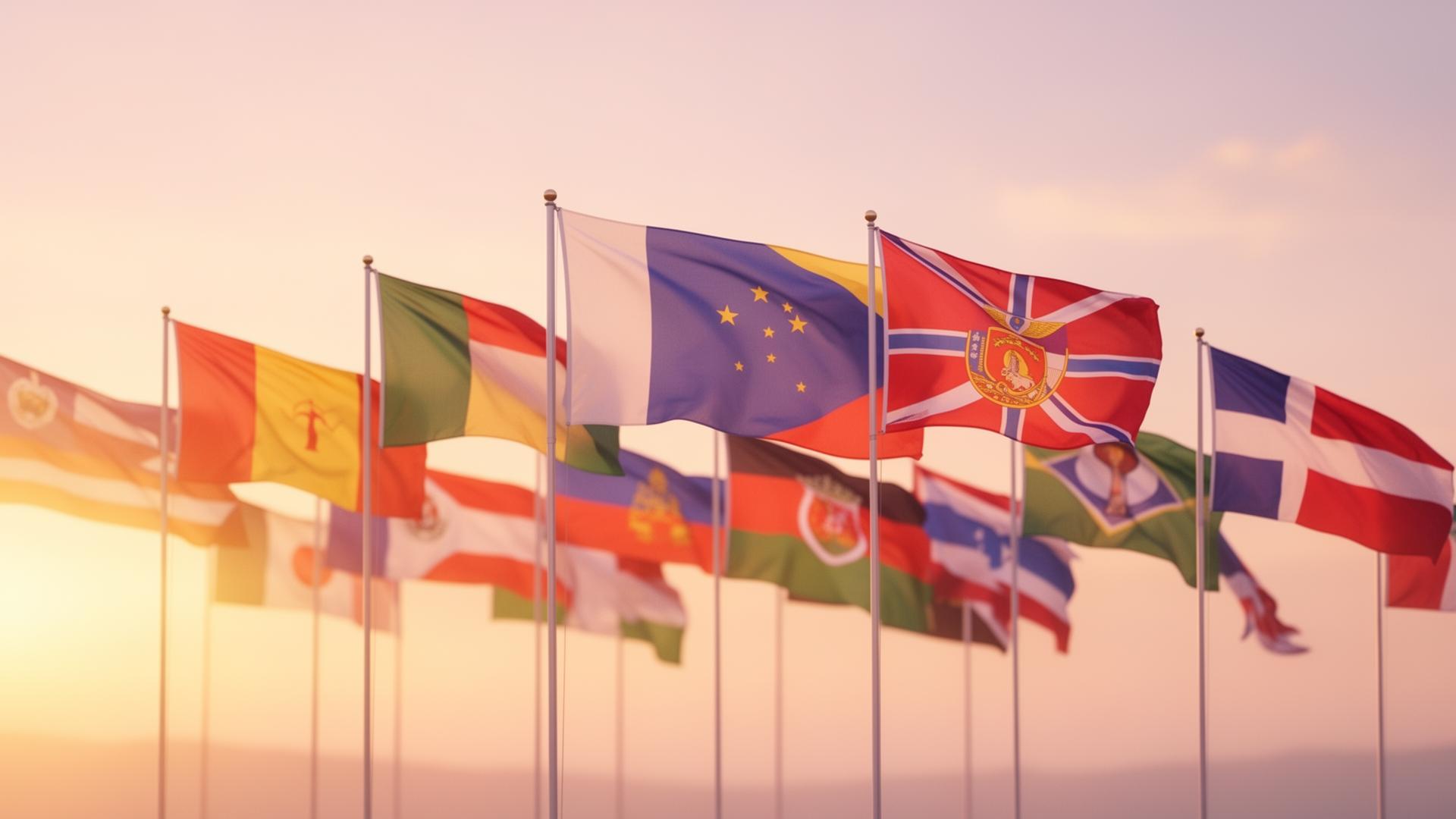 Flags from around the world waving at golden hour